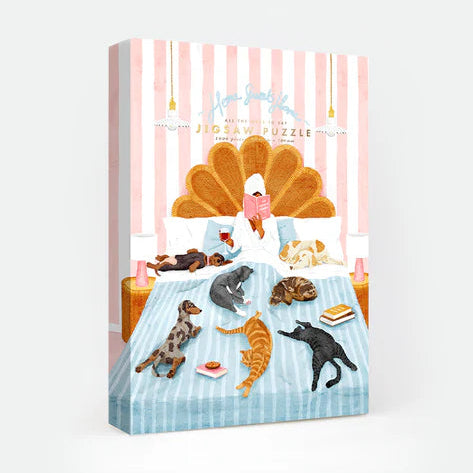 Puzzle La vie sans humain de 1000 pièces avec une illustration cocooning et des chats