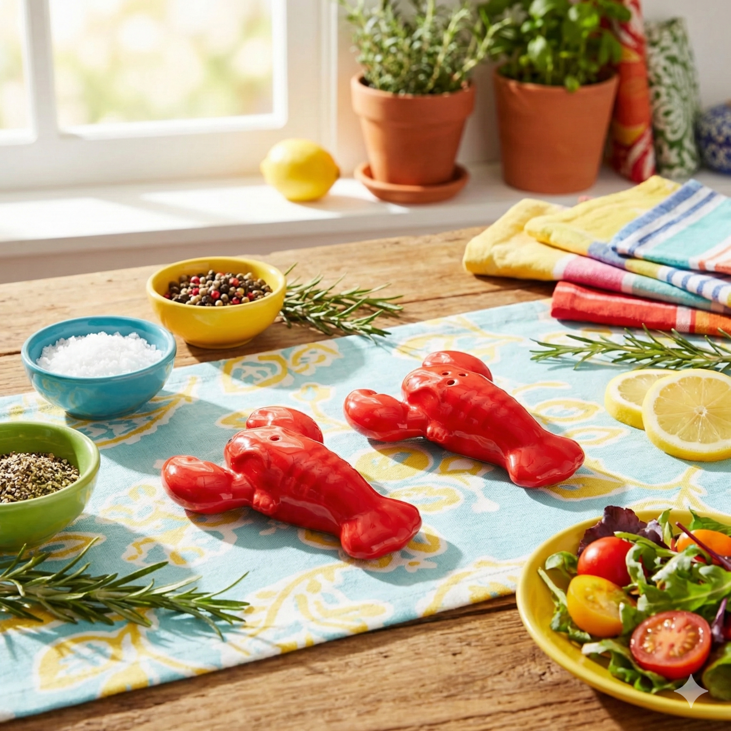 Salière et poivrière en forme de homard sur fond blanc