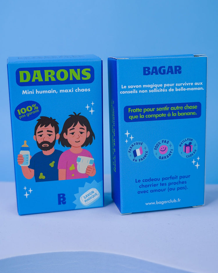 Savon Darons avec illustration humoristique sur fond clair