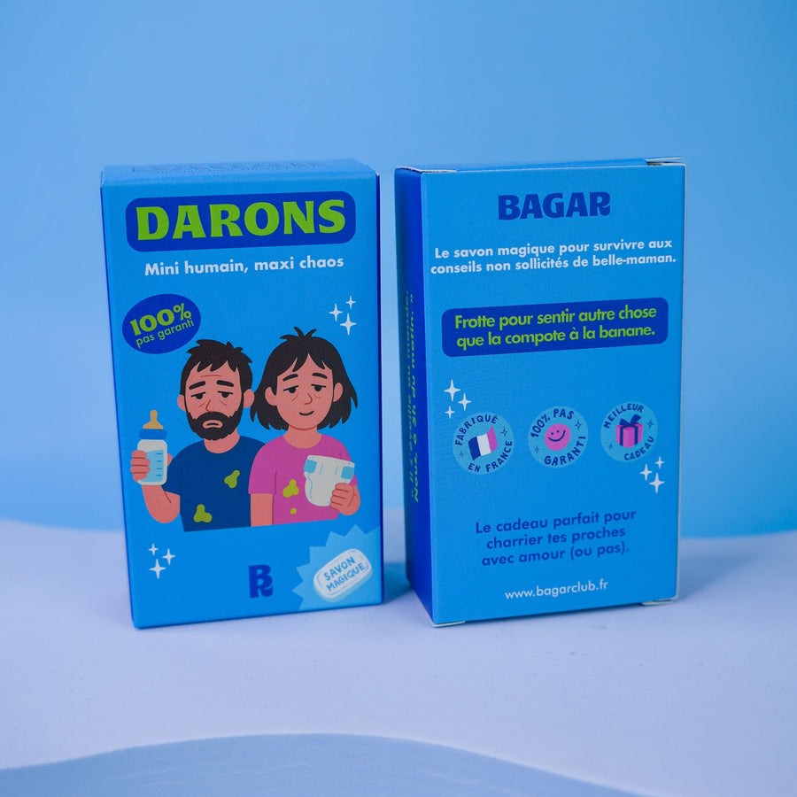 Savon Darons avec illustration humoristique sur fond clair