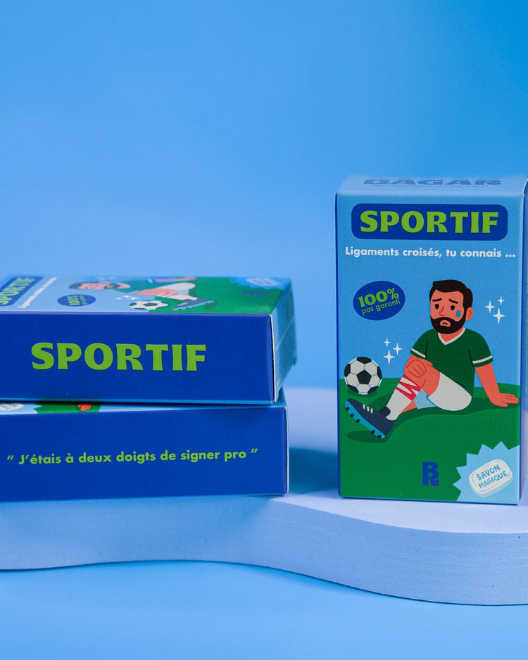 Savon sportif avec design humoristique et texture marbrée