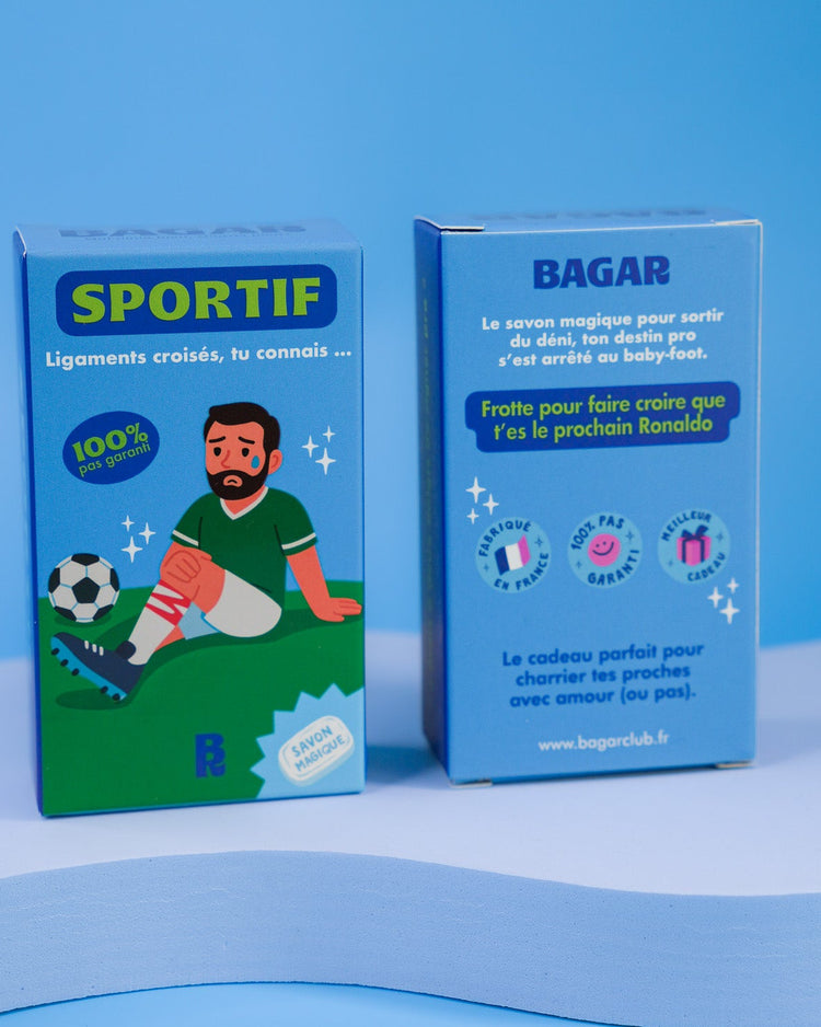 Savon sportif avec design humoristique sur fond blanc