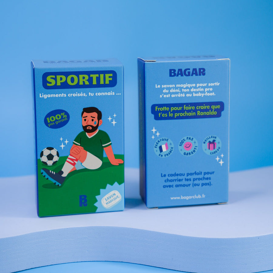 Savon sportif avec design humoristique sur fond blanc