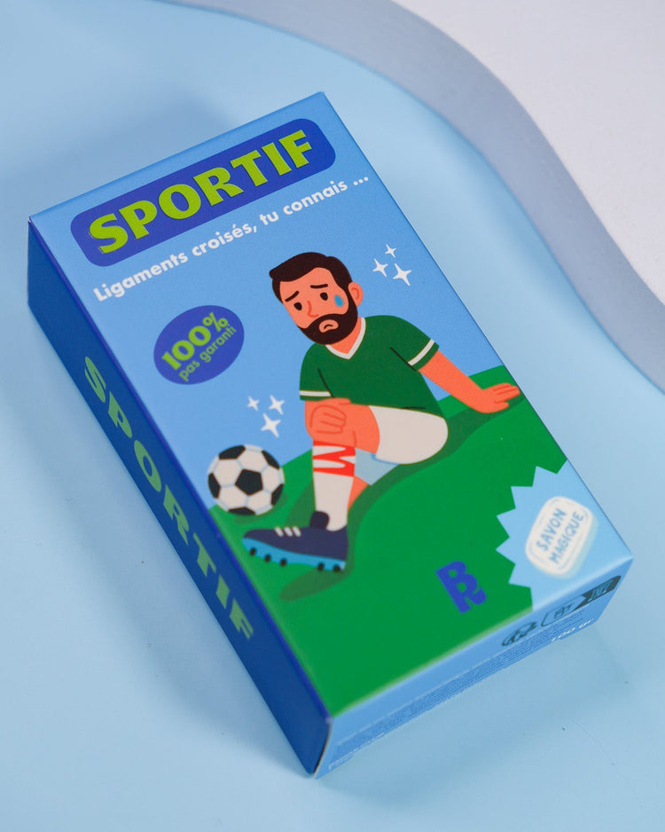Savon sportif avec design humoristique sur fond blanc