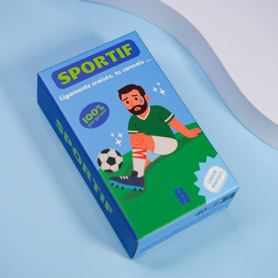 Savon sportif avec design humoristique sur fond blanc