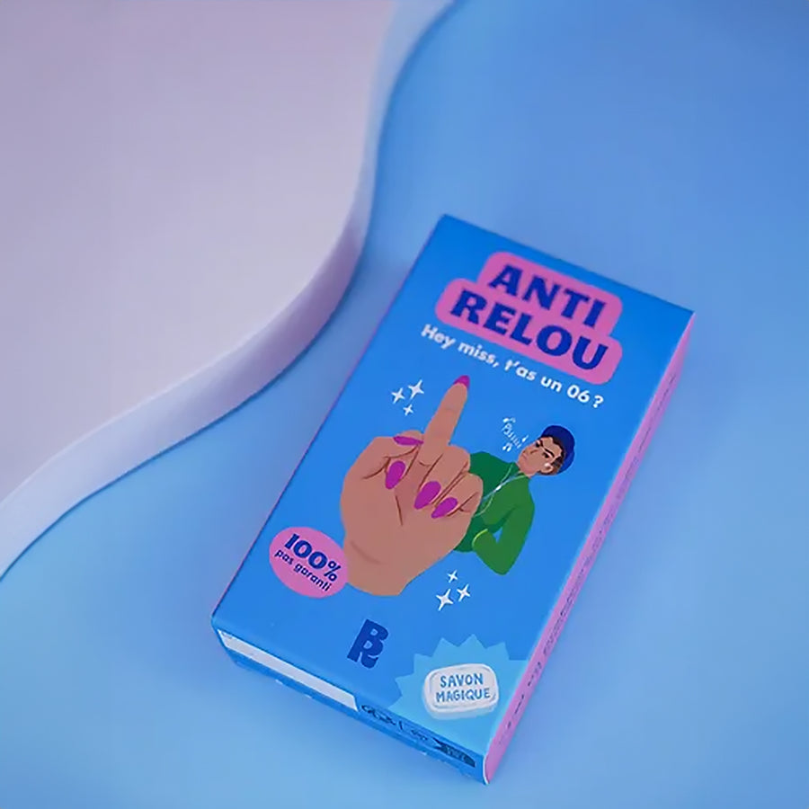 Savon anti-relou avec un design humoristique et coloré.