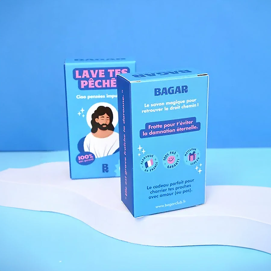 Savon humoristique avec un design ludique et coloré.