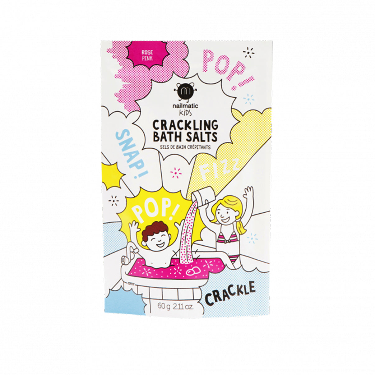 Sels de bain crépitants roses en gros plan sur fond clair.