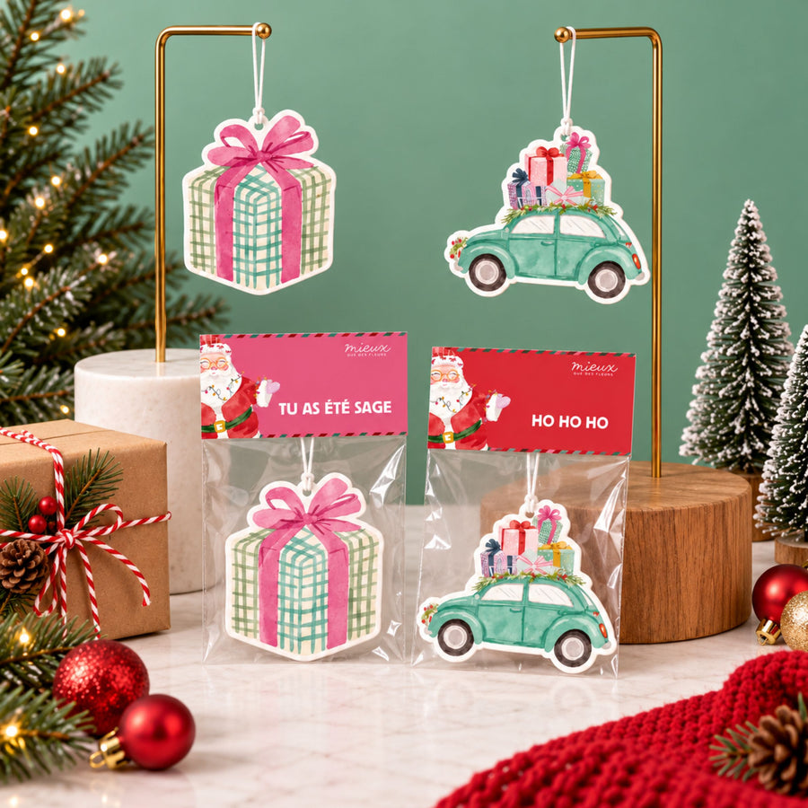 Détail du parfum en forme de cadeau avec message humoristique