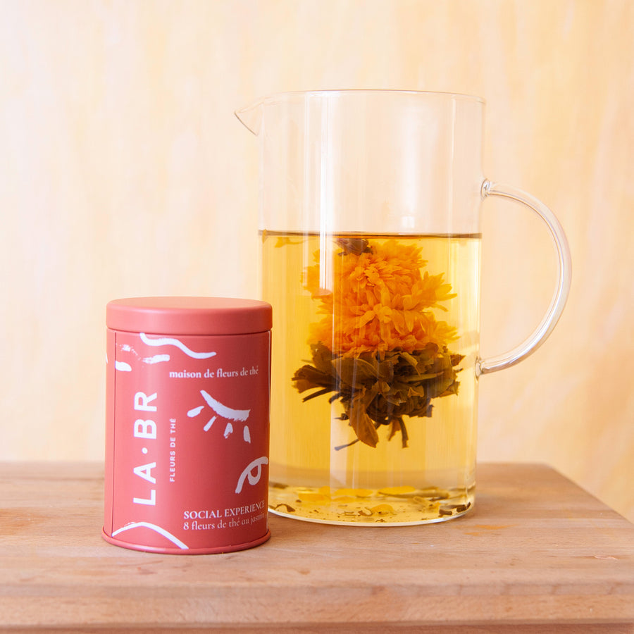 Fleur de thé de pivoine en éclosion dans l'eau chaude