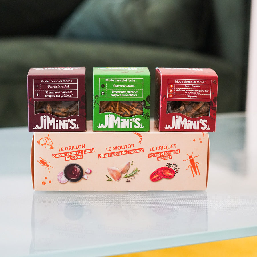 Coffret d'insectes comestibles pour apéro, vue de dessus.