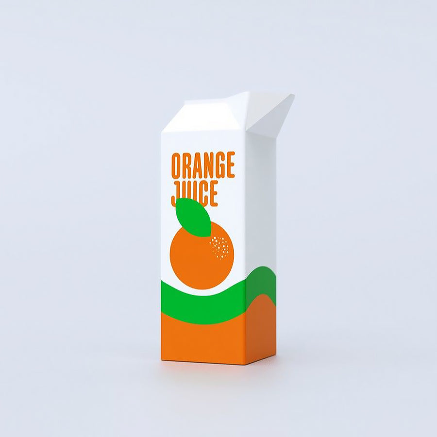 Vase en forme de brique de jus d'orange, vue de côté.