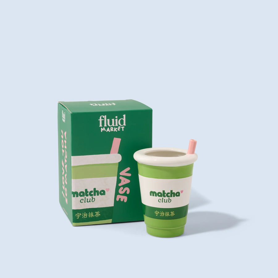 Vase Matcha aux motifs fluides et couleurs vives sur étagère