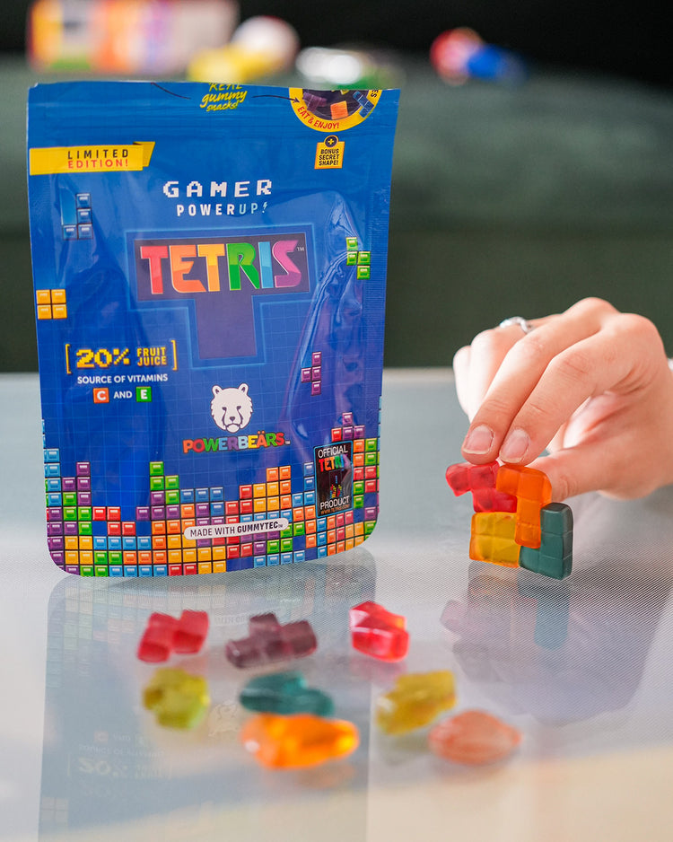 Bonbons originaux Tetris colorés dans un emballage ludique