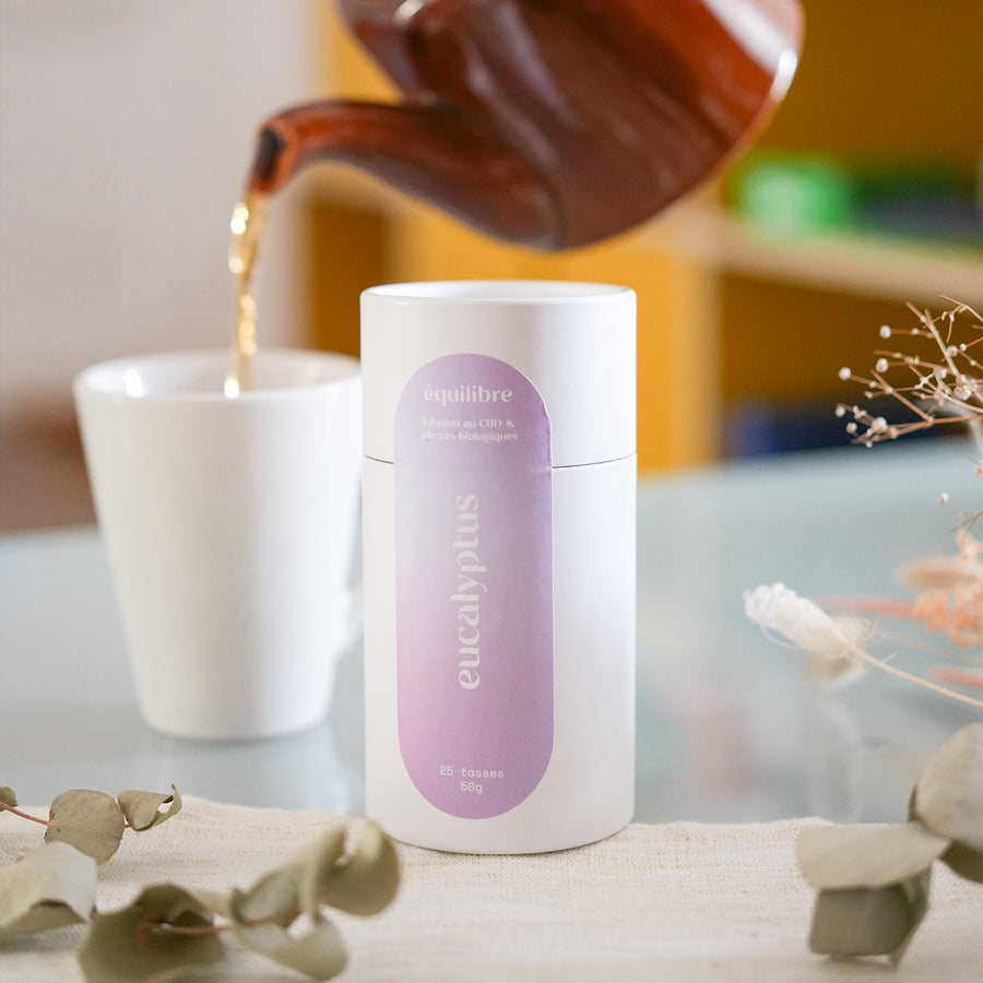 Tisane au CBD et eucalyptus en sachet, vue de face.