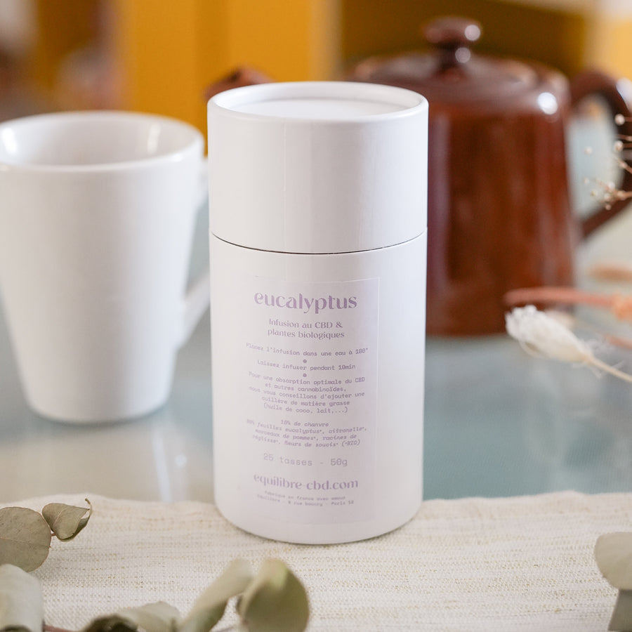 Tisane au CBD et eucalyptus en sachet, vue de face.