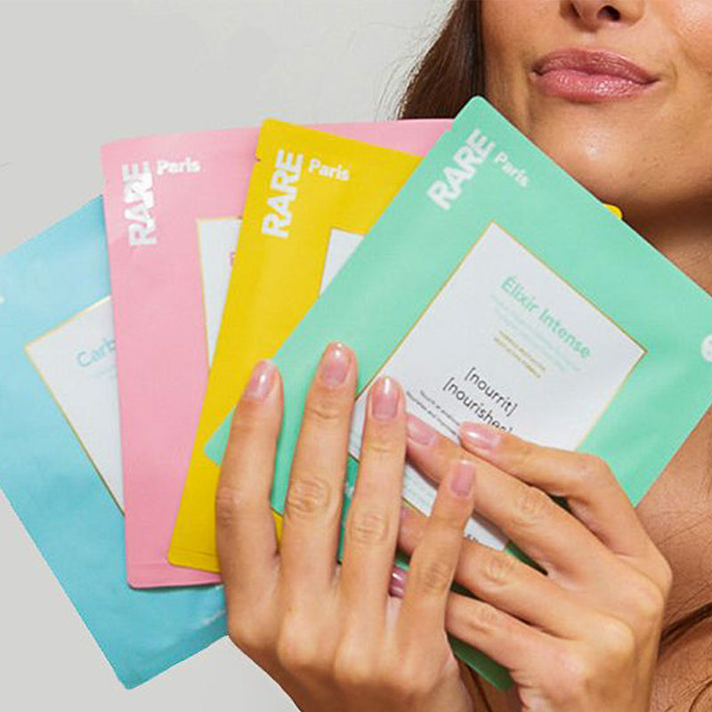 4 masques de beauté Rare Paris sur fond blanc