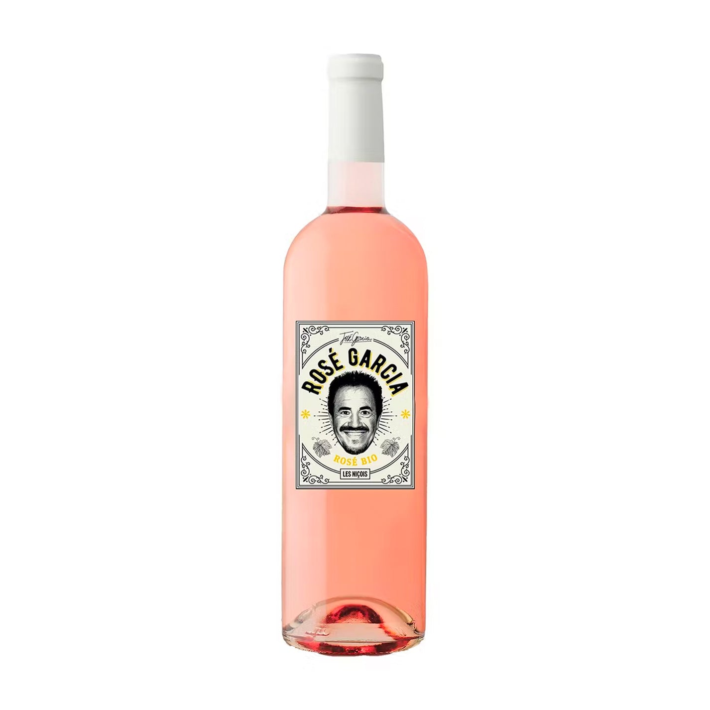Bouteille de rosé Garcia avec étiquette élégante en gros plan.
