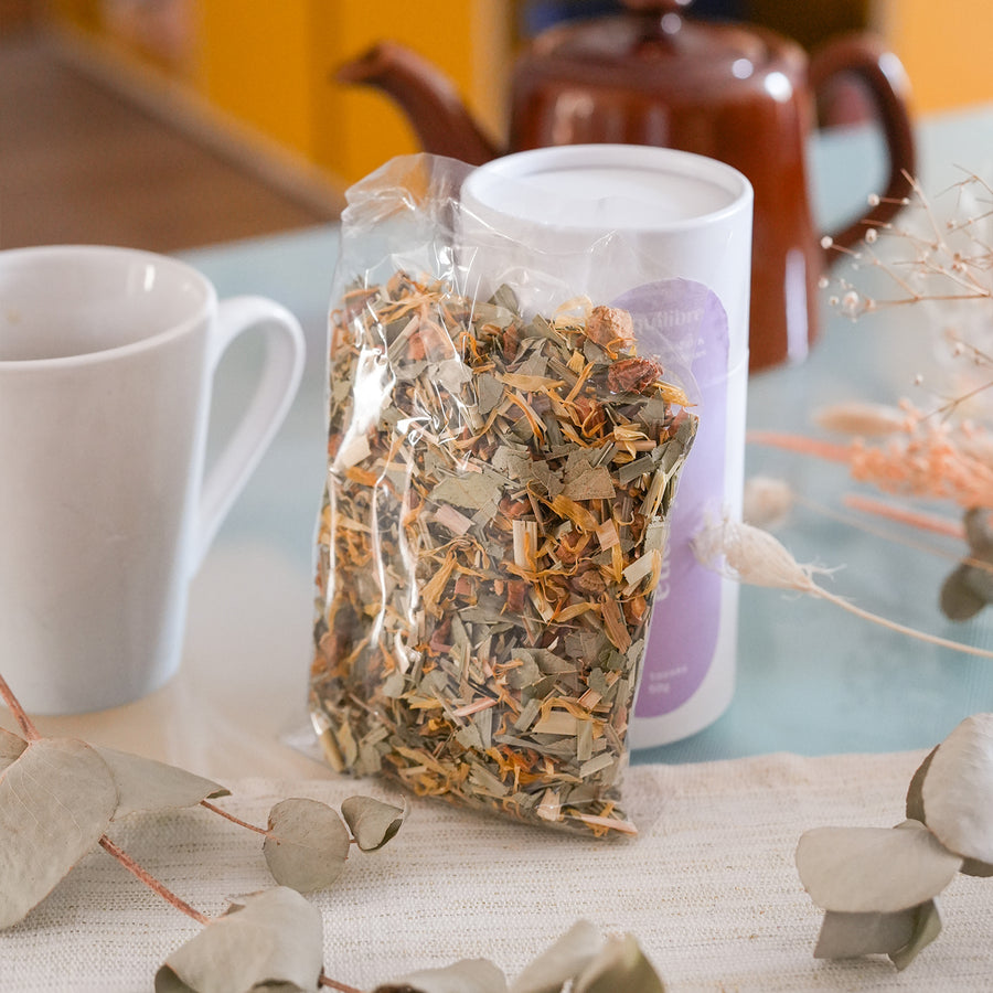 Tisane au CBD et eucalyptus en sachet, vue de face.