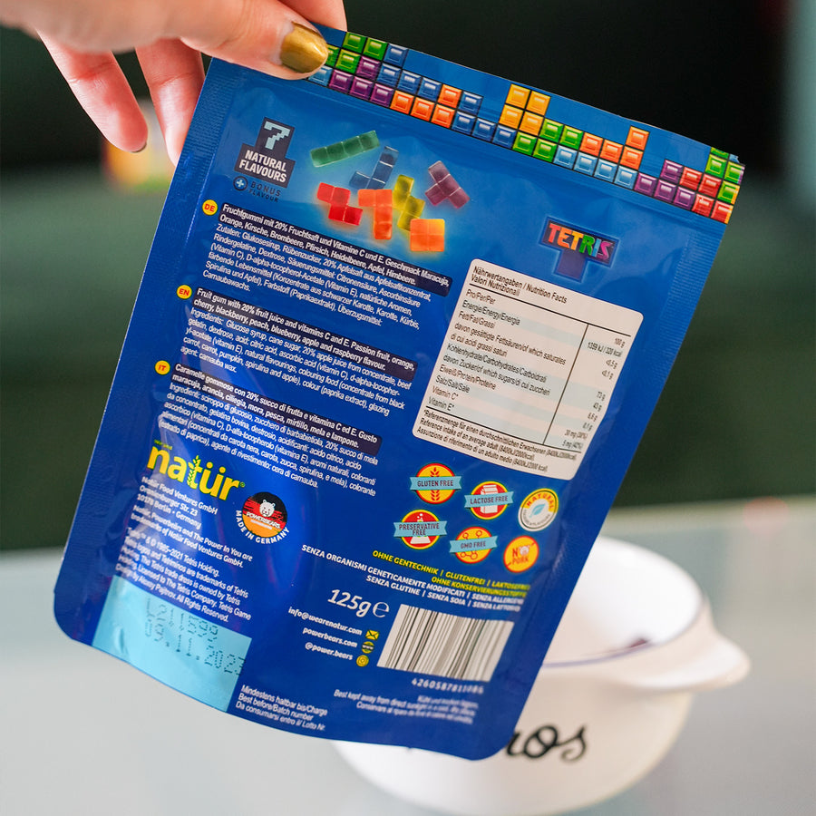 Bonbons originaux Tetris colorés dans un emballage ludique