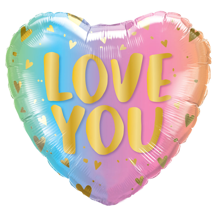Ballon Love You Pastel en forme de coeur sur fond blanc.