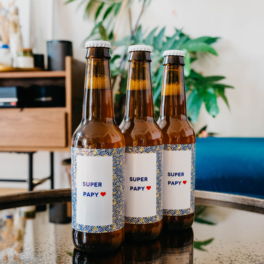 Bière Super Papy avec étiquette humoristique et design vintage.