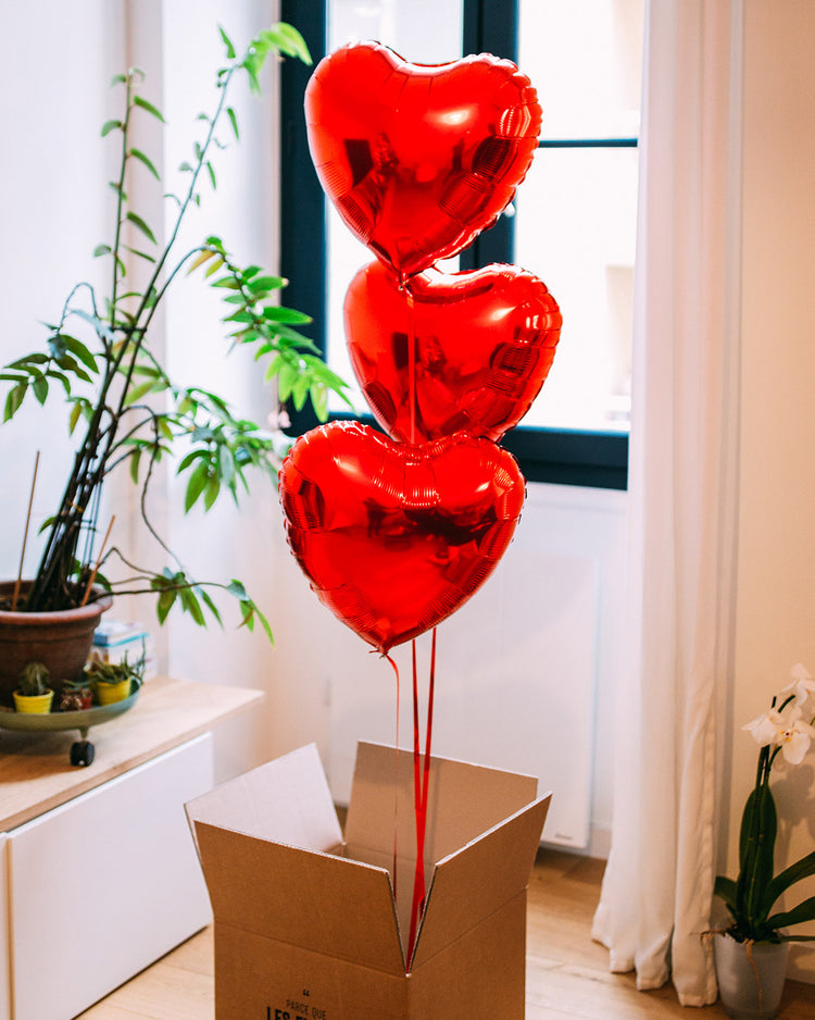 Box 3 Ballons Coeurs rouges dans un emballage élégant