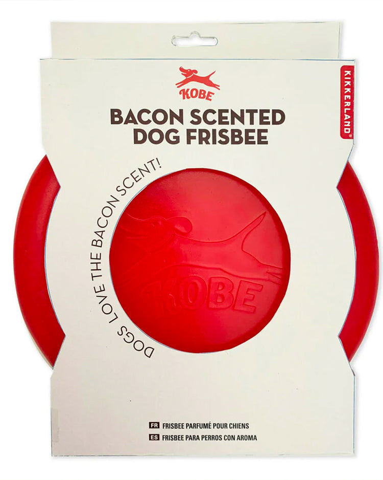 Frisbee rouge pour chien avec motif bacon attractif