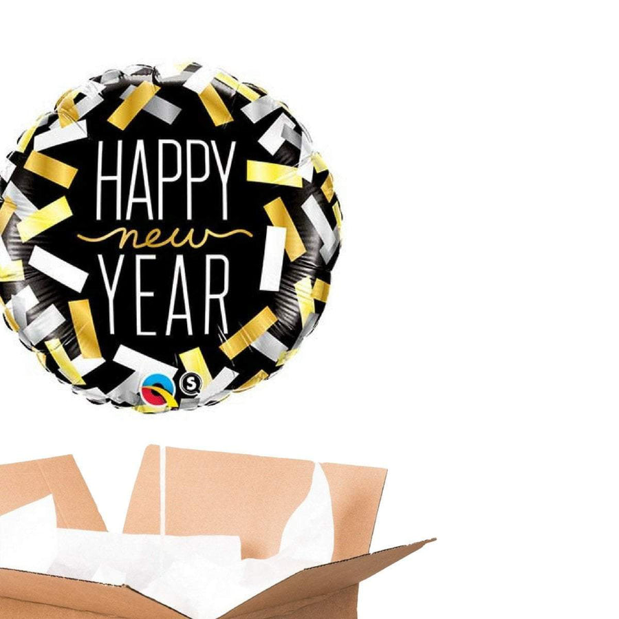 Ballon Happy New Year Confetti avec confettis colorés sur fond blanc.