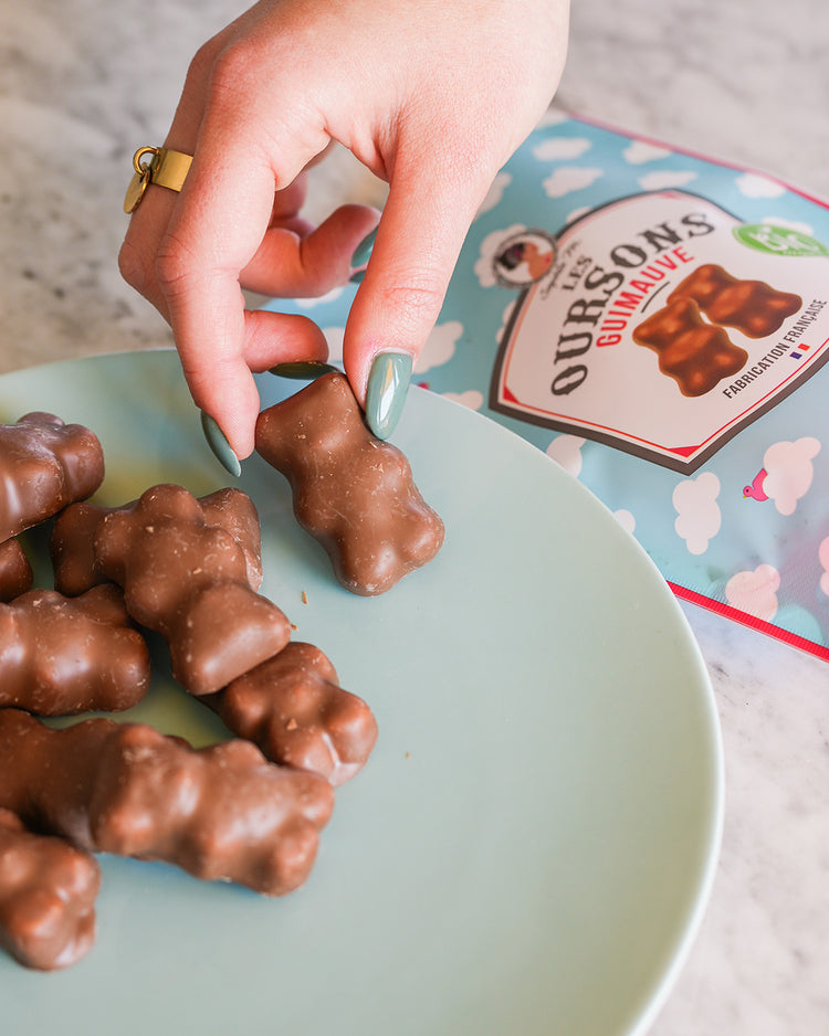 Sachet d'oursons guimauve enrobés de chocolat au lait