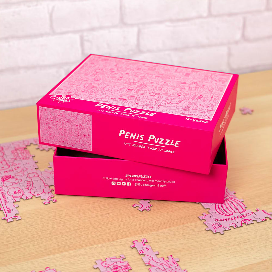 Puzzle humoristique avec illustrations de pénis en gros plan.