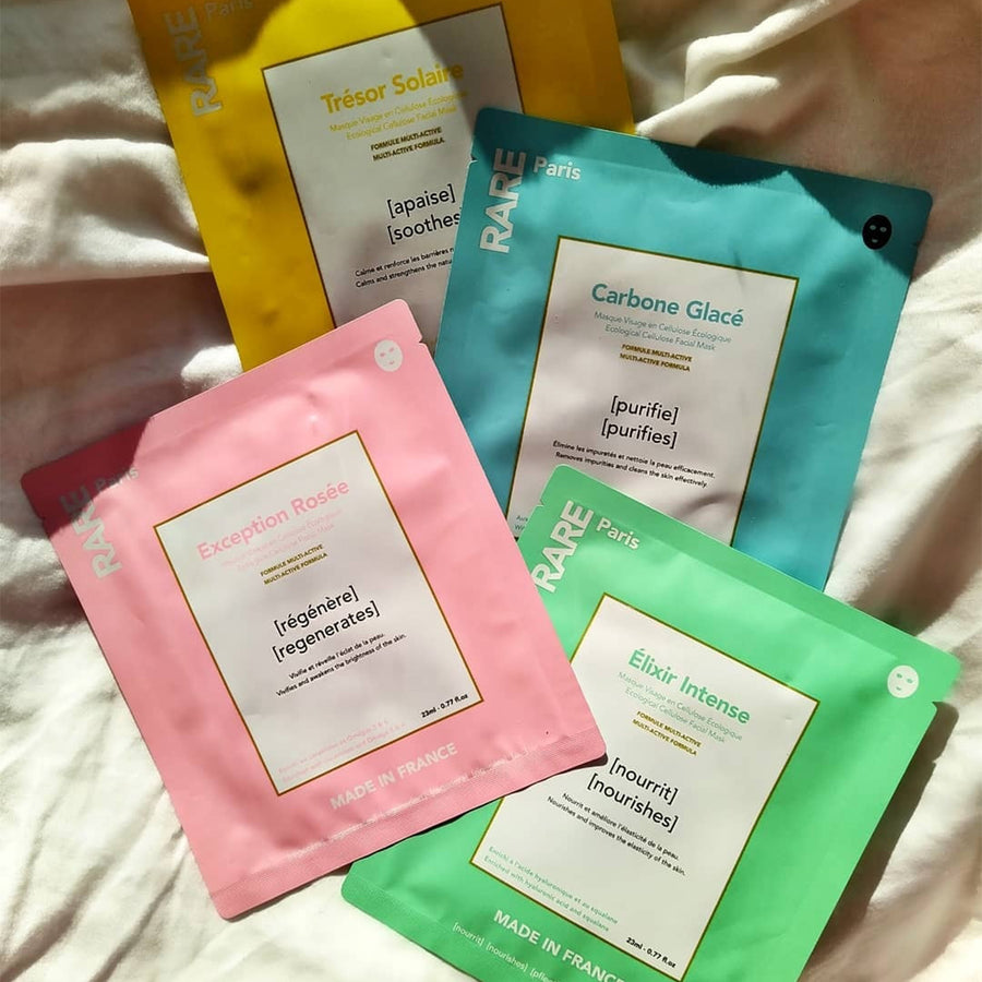 Quatre masques de beauté Rare Paris sur fond blanc