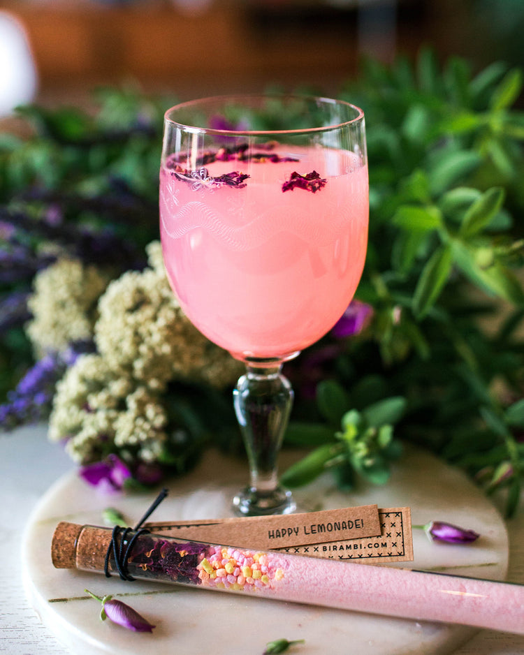 Tube de limonade avec fruits et rose séchée en gros plan